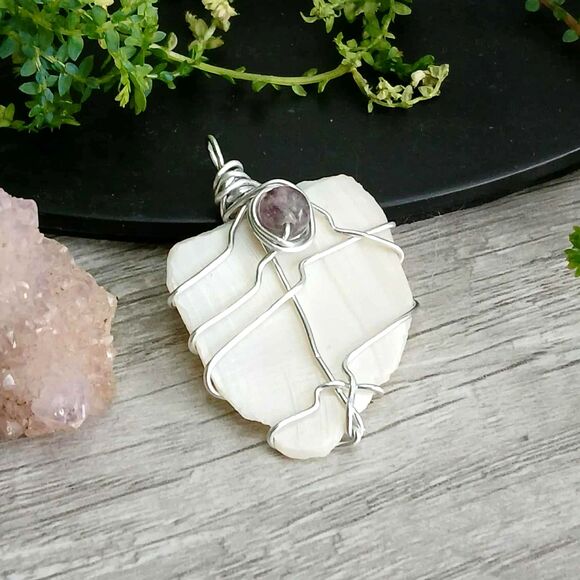 Fluorite Crystal & Shell Pendant, Wire Wrapped Gemstone Pendant, 2" - Picture 3 of 3